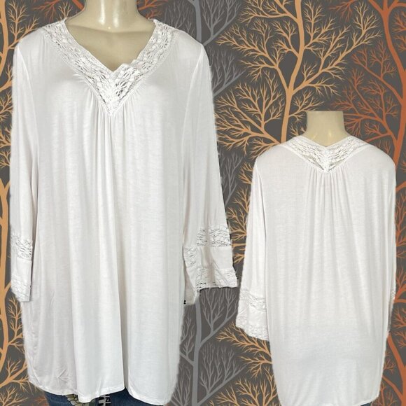 Jessica London + 18/20 White V- Neck Lace Accent Trim Rayon Blend 3/4 Sleeve Top - Picture 1 of 6